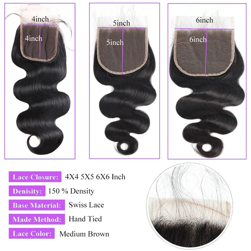 Body Wave Human Hair Bundles With 4x4 5x5 6x6 HD Closure Peruvian Hair Weave 3/4 Bundles With Lace Closure Body Wavy Human Hair