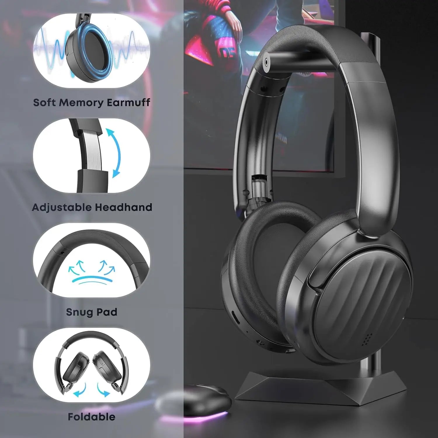Active Noise Cancelling Wireless Over-Ear Bluetooth Headphones for Sports and Travel