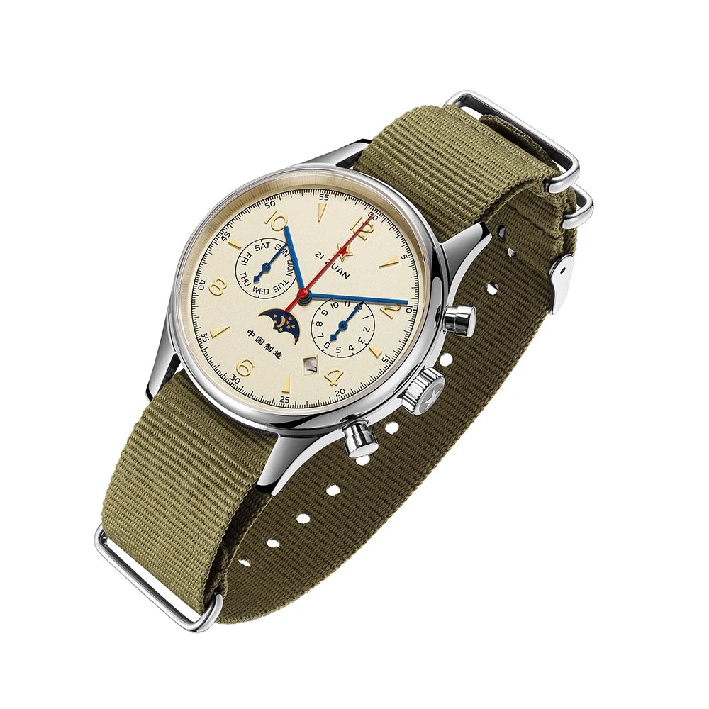 Seakoss 40mm MultiFunction Men's Automatic Watches Calendar Week Month Sapphire Glass Nylon Strap 1963 Pilot Mechanical Watch