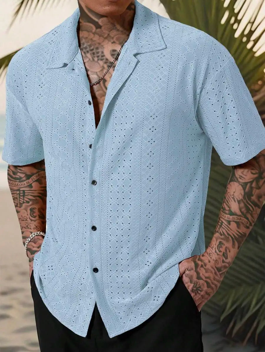 Men's Yellow Eyelet Lacework Short Sleeve Button-Down Casual Shirt