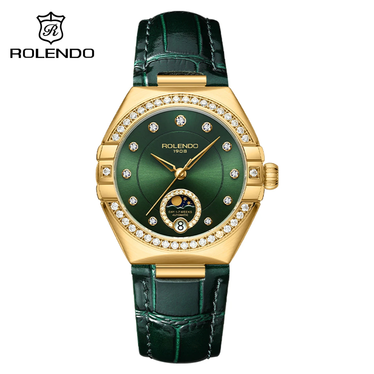 ROLENDO Diamond-Set Automatic Watches for Women Secret Emerald Sun-patterned Dial Date Waterproof Constellation Style Wristwatch