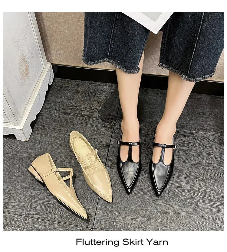 2024 Womens Fashion Pointed Lace Buckle Shoes Almond Vintage Kawaii Solid Womens Shoes Flat Bottom Casual Shallow Mouth Mary Sli