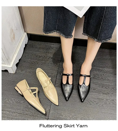 2024 Womens Fashion Pointed Lace Buckle Shoes Almond Vintage Kawaii Solid Womens Shoes Flat Bottom Casual Shallow Mouth Mary Sli