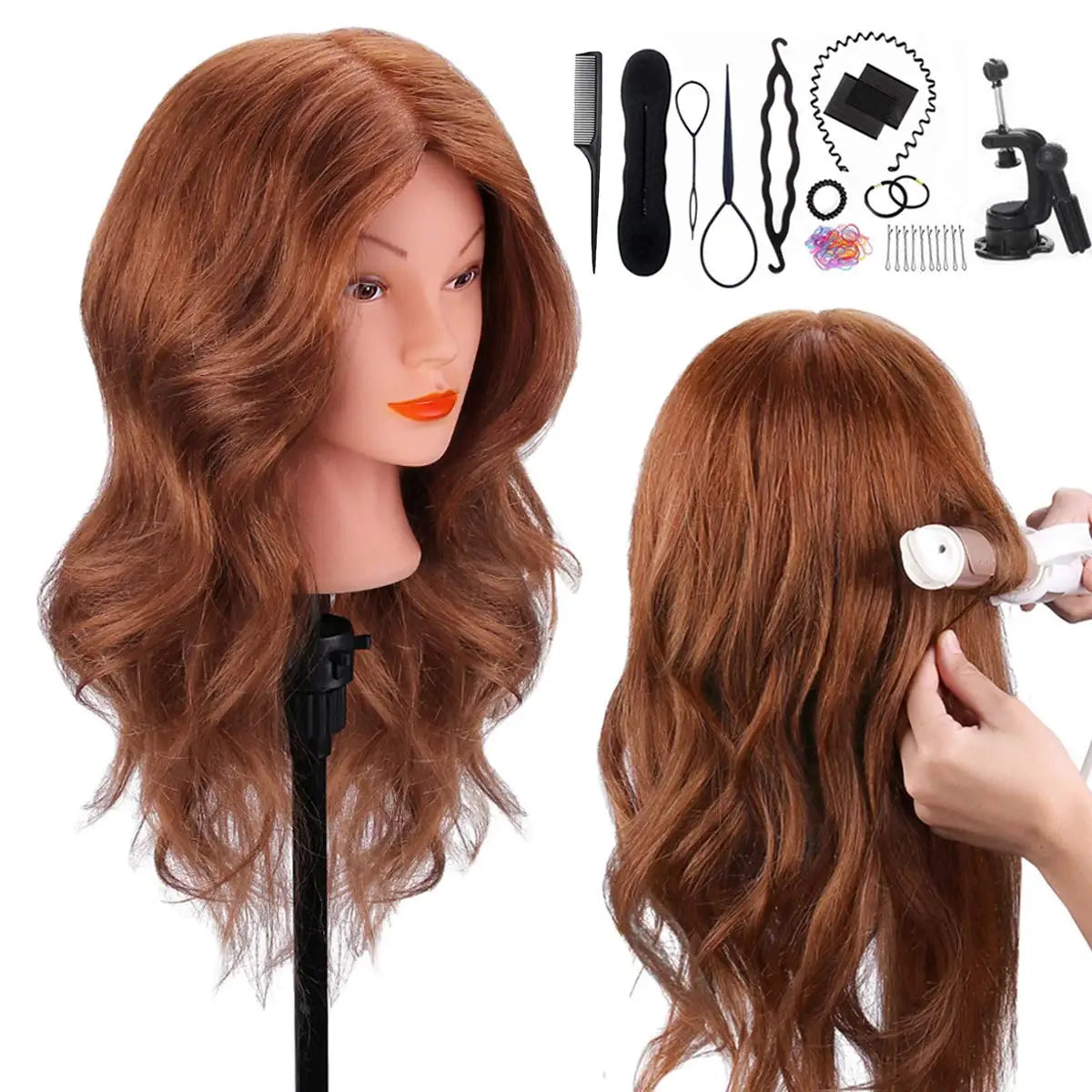 100%Real Hair Doll Head For Curling Straightening Dyeing Braiding Hairdressing Dark Brown Mannequin Head Training Head Kit 2028