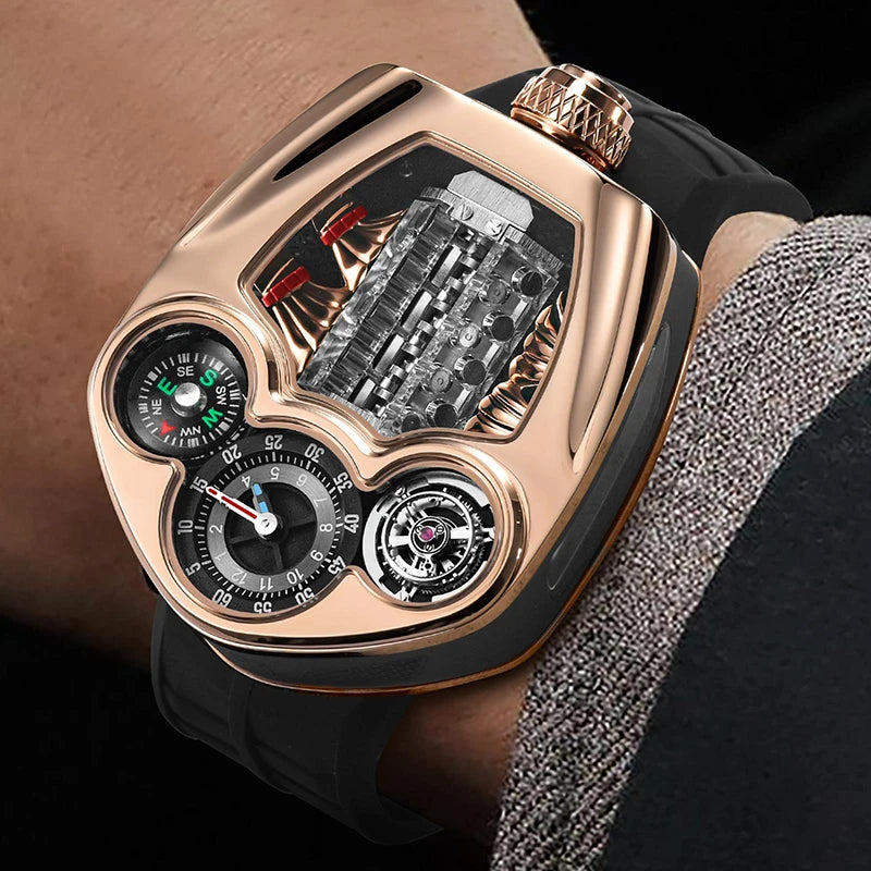 PINDU Design New Top Brand Men's Quartz Wristwatches Engine Engine Silicone Strap Compass Waterproof Watch For Men Watches