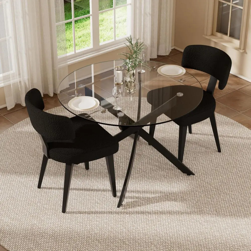 Dining Table Set for 2, 36 Round Kitchen Table with 2 Teddy Boucle Dining Chairs, Tempered Glass Top with Metal LegsAll Black