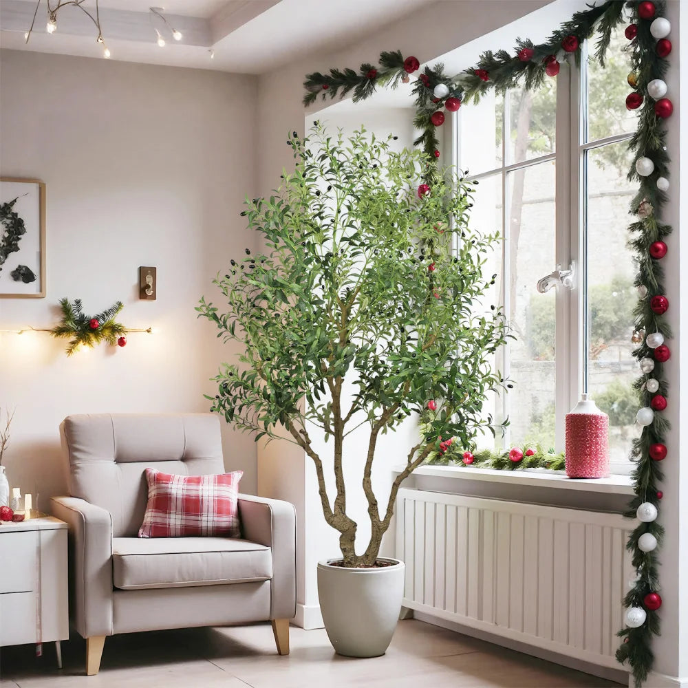 8FT Tall Artificial Olive Tree-Large Faux Potted Tree with Natural Trunk and Lifelike Olive Leaves and Fruit,Decorative Plant