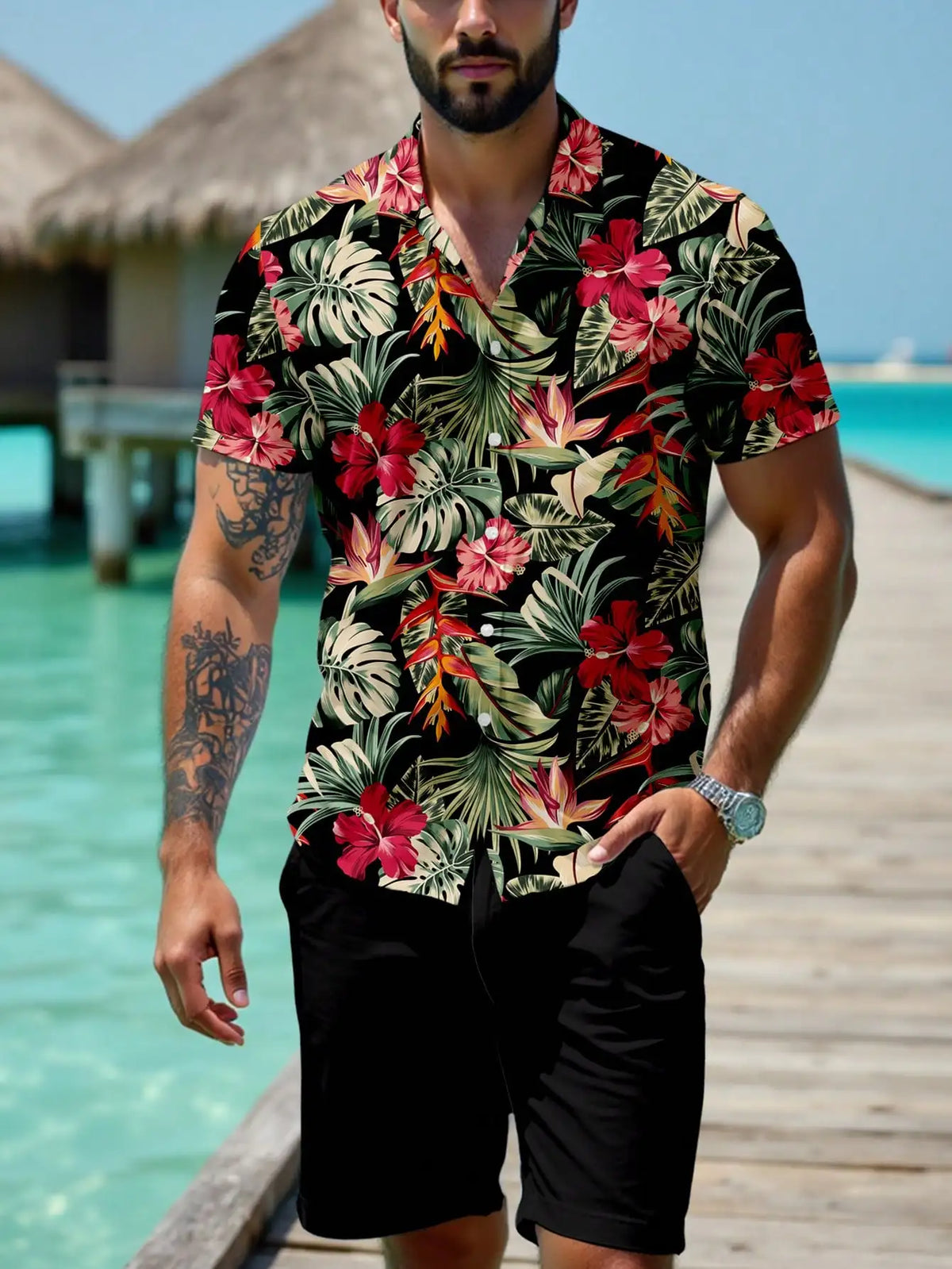 Men's Short Sleeve Collared Shirt with Tropical Floral Print, Casual Vacation Style