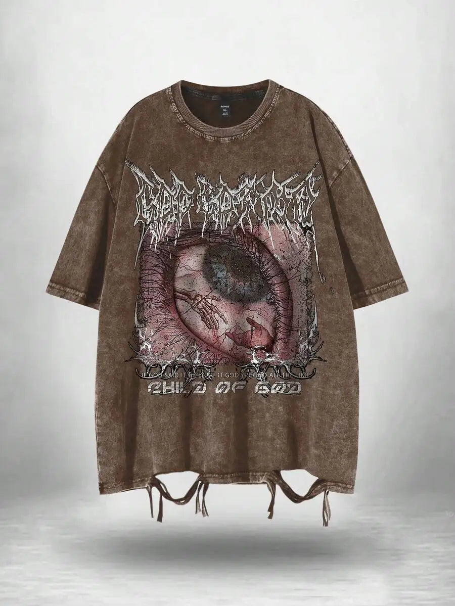 Distressed Oversized Graphic Tee with Eye Print, Gothic Punk Style, Ripped Hem