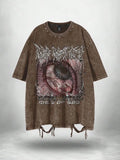 Distressed Oversized Graphic Tee with Eye Print, Gothic Punk Style, Ripped Hem