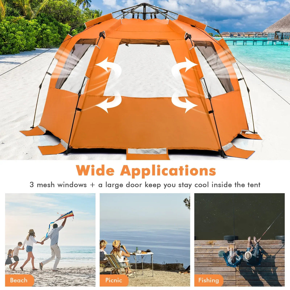 Instant Pop-up Beach Tent w/ Zippered Front Porch & 3 Large Mesh Windows Orange