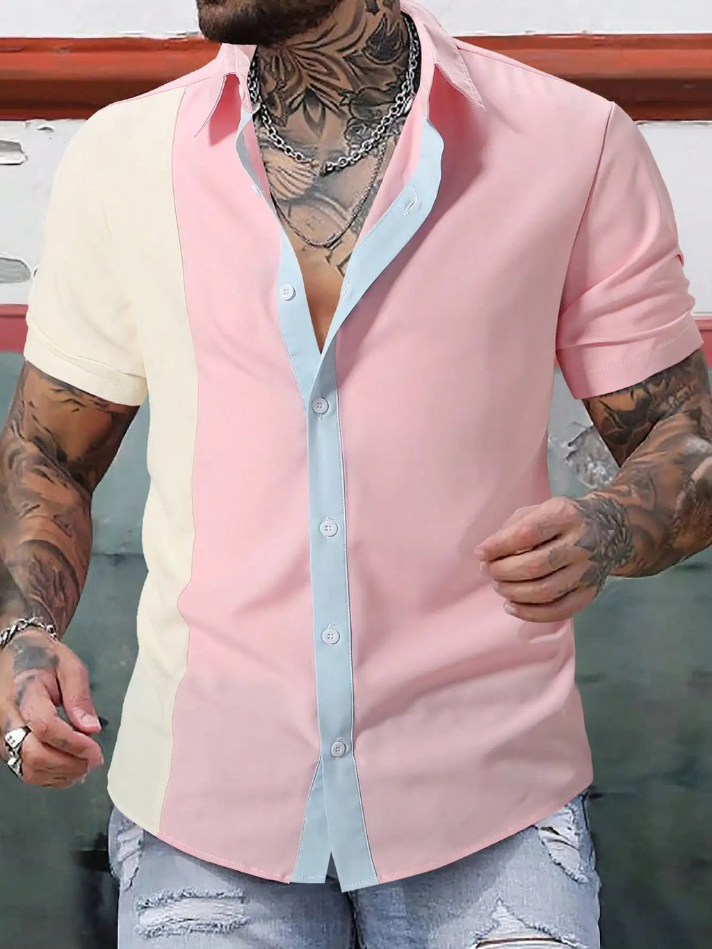 Men's Color Block Short Sleeve Casual Shirt with Contrast Placket
