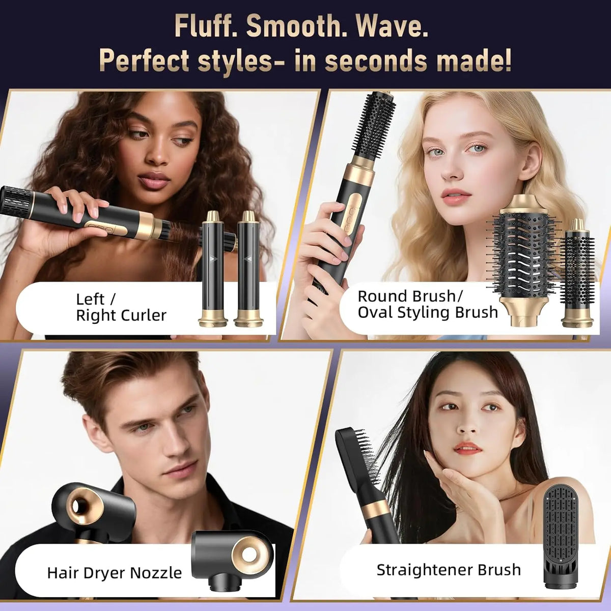 6-in-1 Hot Air Brush & Hair Dryer with Auto Curlers, Fast Drying, Frizz-Free Styling, No Heat Damage, Travel Bag