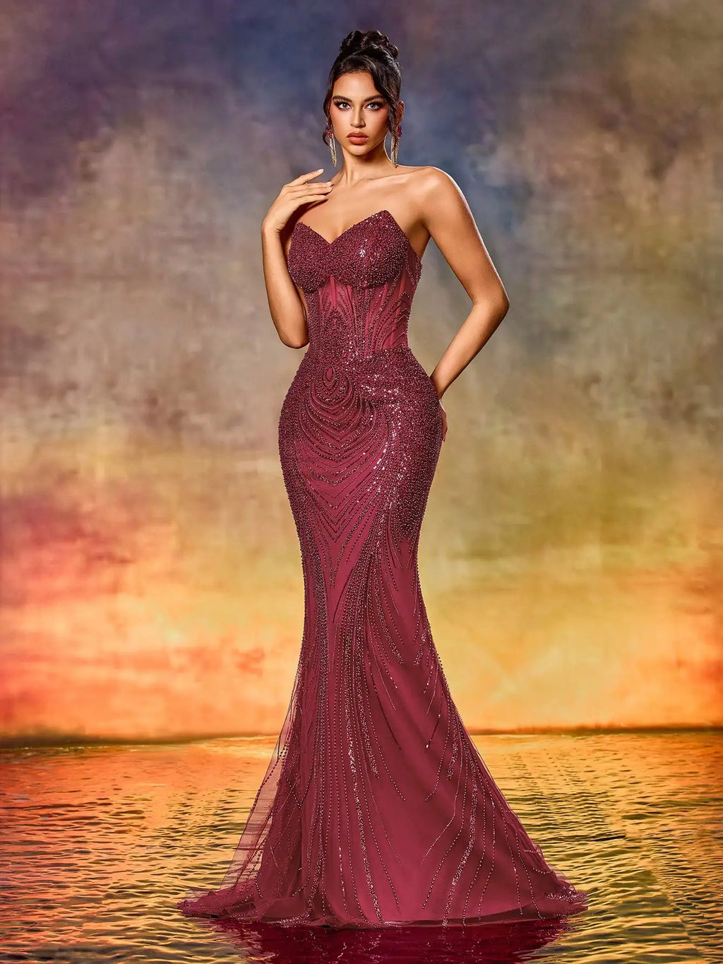 Elegant Strapless Beaded Mermaid Evening Gown For Formal Party Wedding Guest