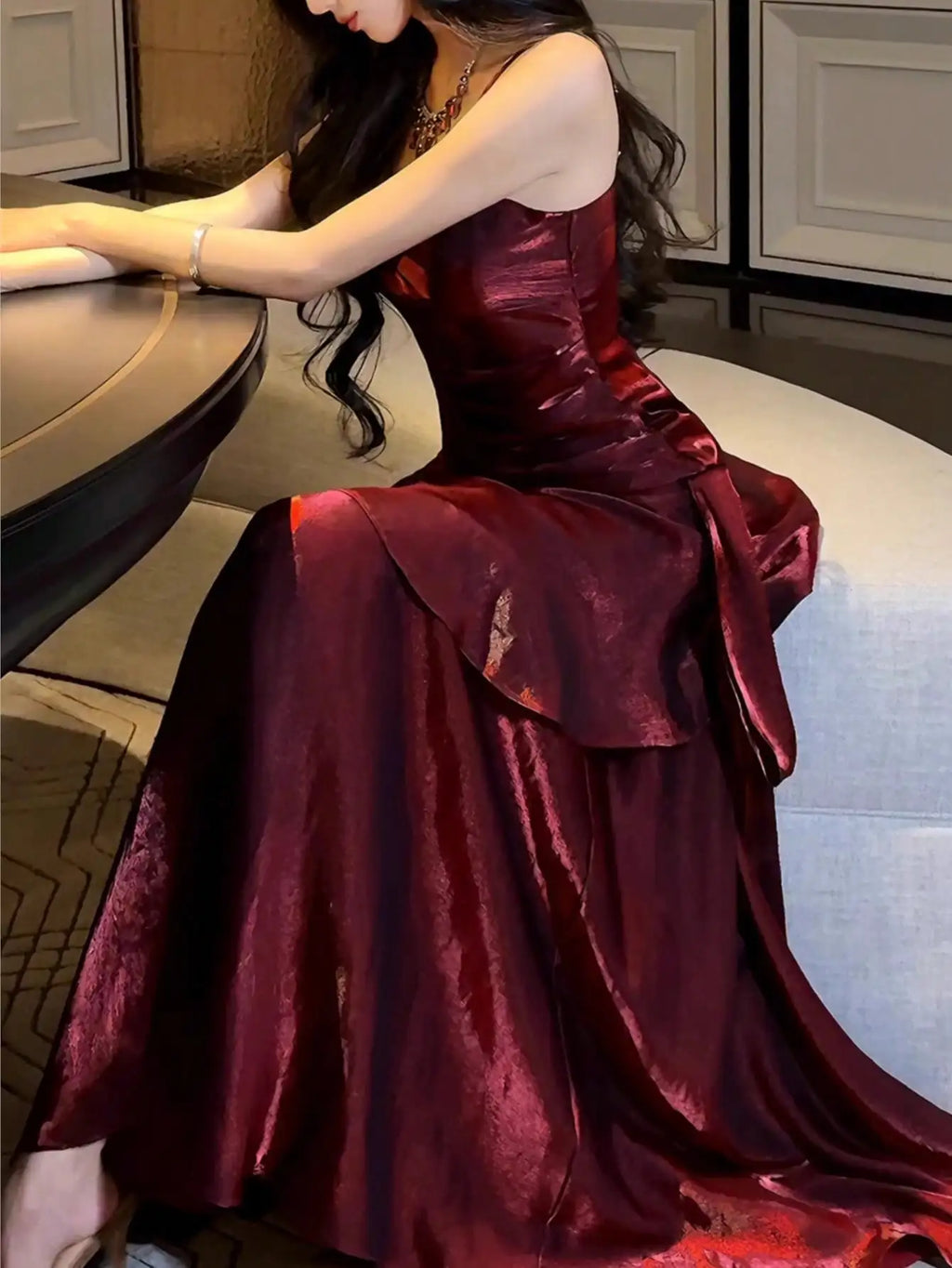 Burgundy Satin Mermaid Dress with Ruched Bodice and Spaghetti Straps for Formal Events