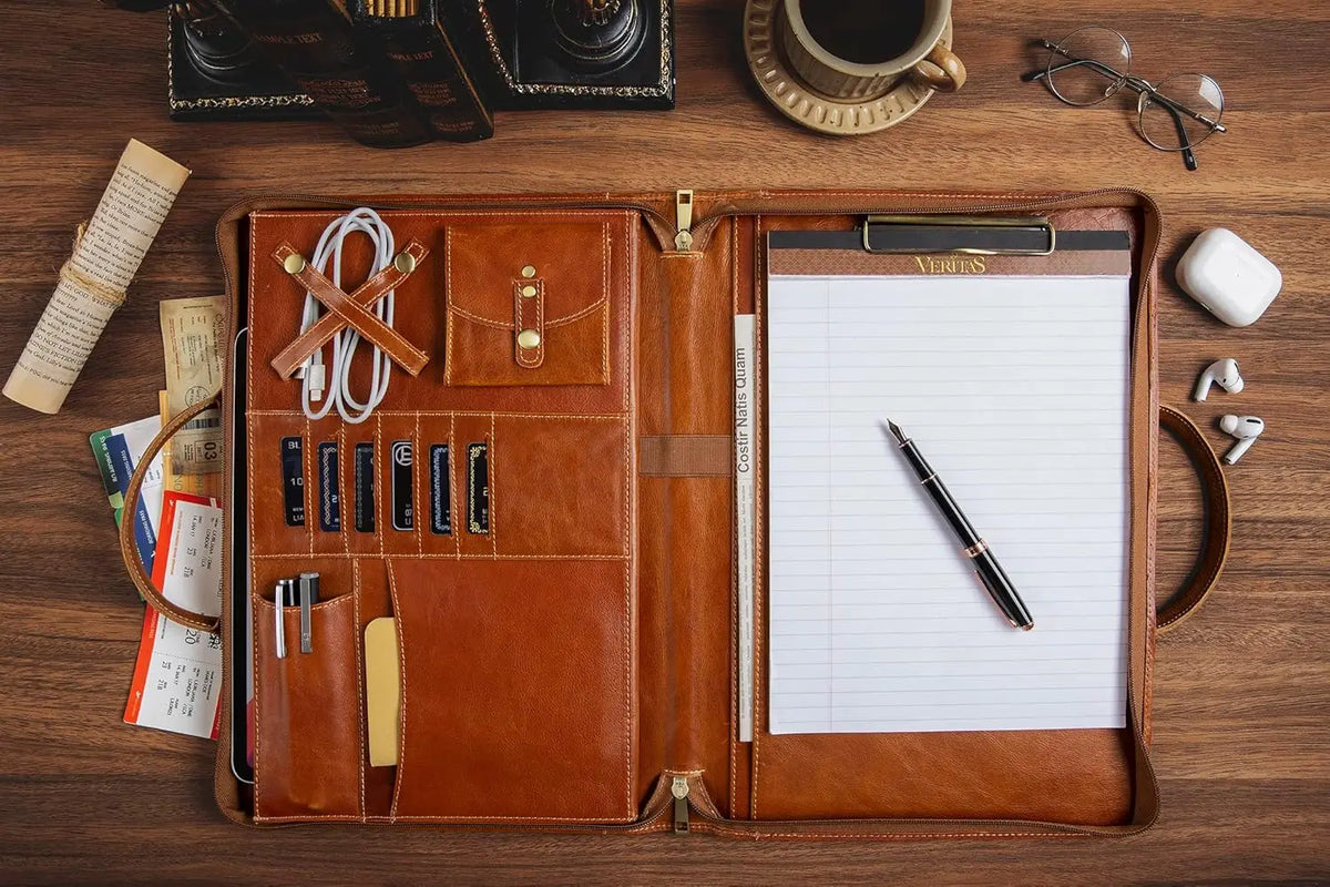 Oil Wax Leather Portfolio Organizer with Handle, Personalized Padfolio for Men Women, Fits 15-inch Laptop and Legal Pad