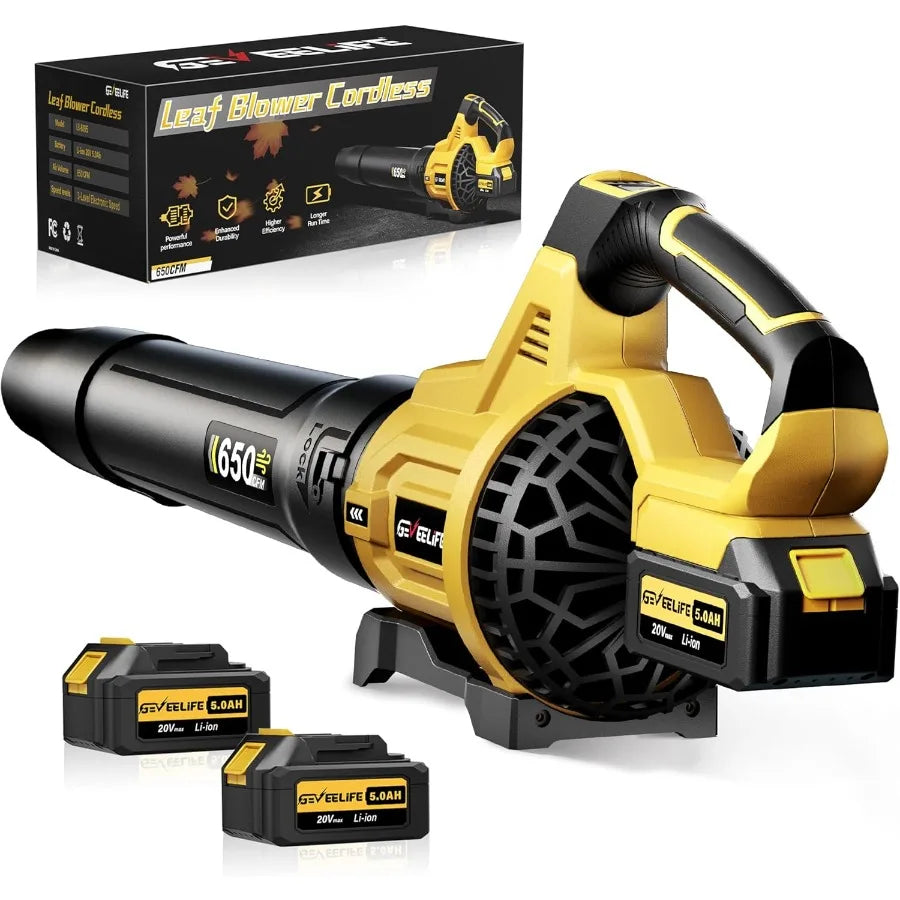 Leaf Blower Cordless 650CFM and 3 Speed Levels Electric Cordless Leaf Blower with 2 * 5.0Ah Battery Powered Blowers for Lawn Ca