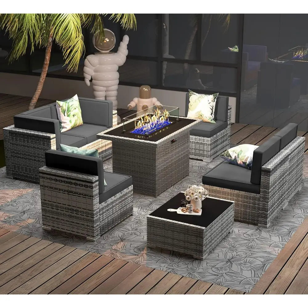 8-Piece Outdoor Wicker Sectional Sofa Set with 44 Gas Fire Pit Table
