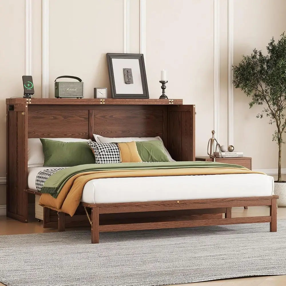 Murphy Bed Cabinet with Storage, Charging Station, USB Port, Solid Pine, Suitable for Home or Office, Studio or Guest Room, Waln