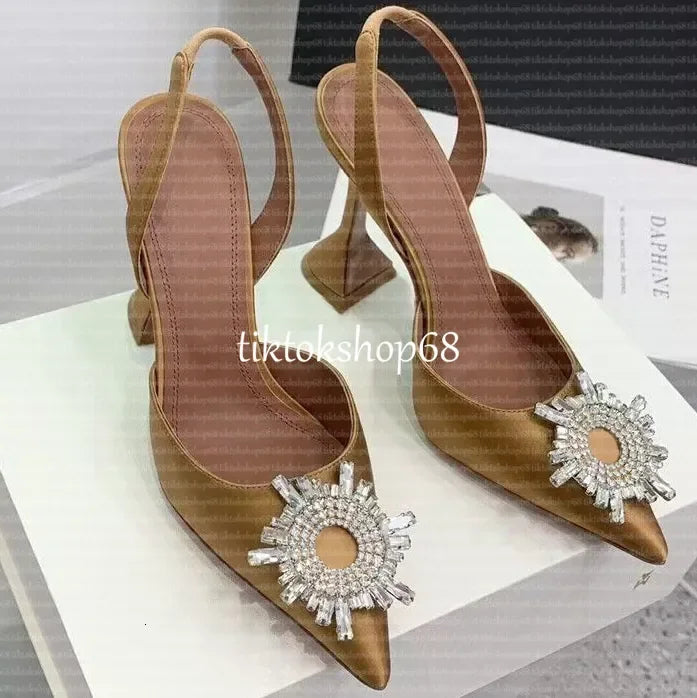 Amina muadii heels designer sandals womens wedding dress shoes satin pointed slingbacks bowtie pumps crystal sunflower flower hi