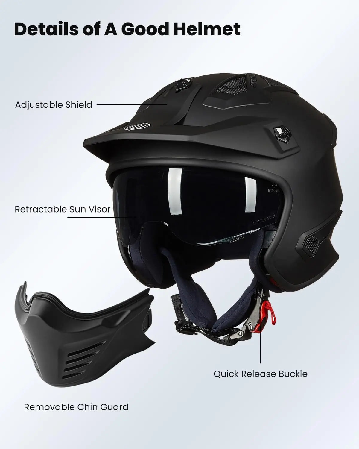 Open Face Motorcycle Helmet for Dirt Bike ATV Scooter DOT Certified Matte Black