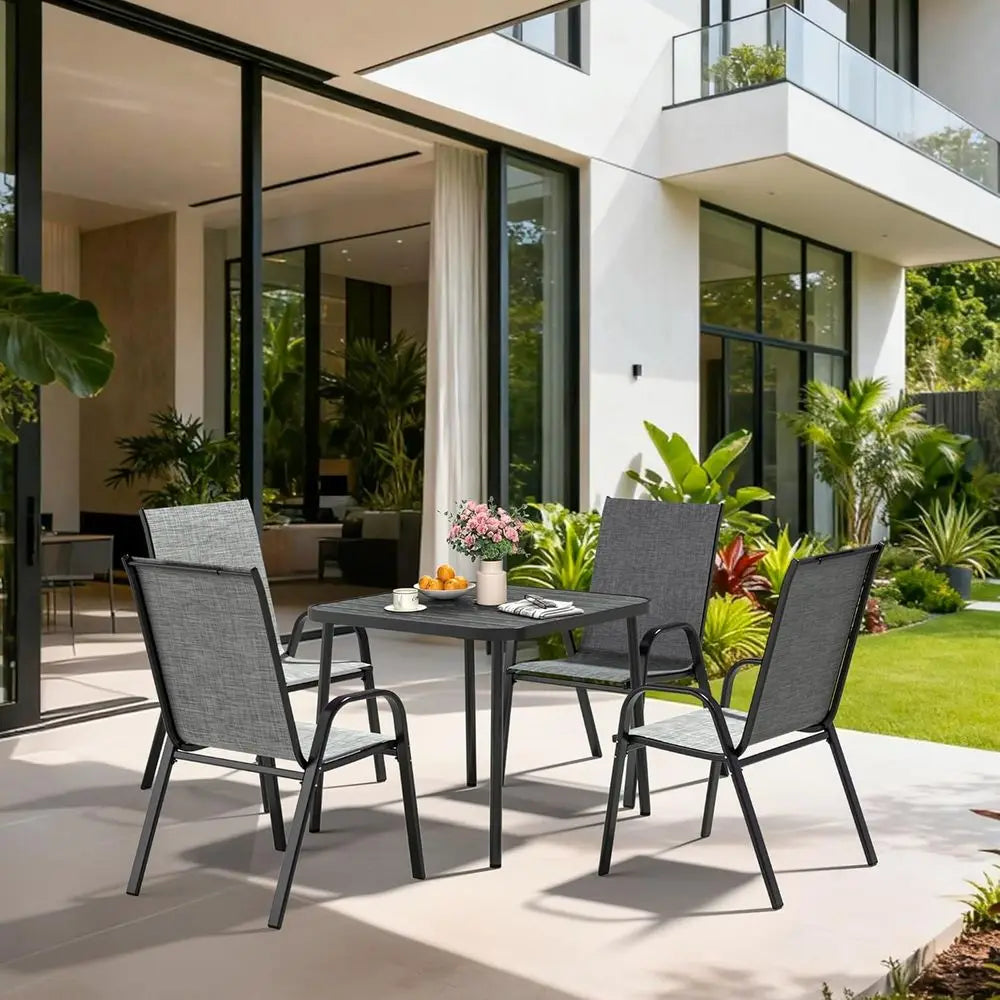 Outdoor Dining Sets or 4, Square Steel Slat Table with 4 Textilene Chairs, 5 Piece Patio Table and Chairs Set with Adjustable Um