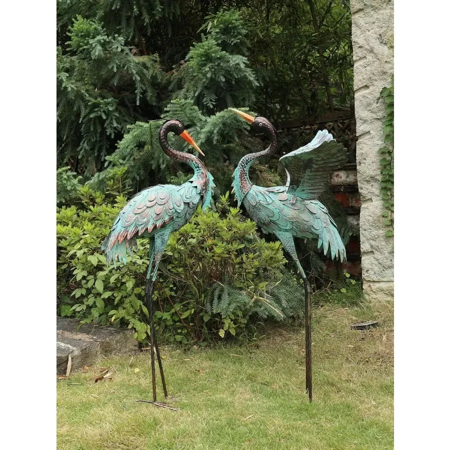 Garden Decor Outdoor Statues 38"/36" Large Metal Heron Standing Yard Art Blue Crane Lawn Sculptures Garden Decor for Outside Pa