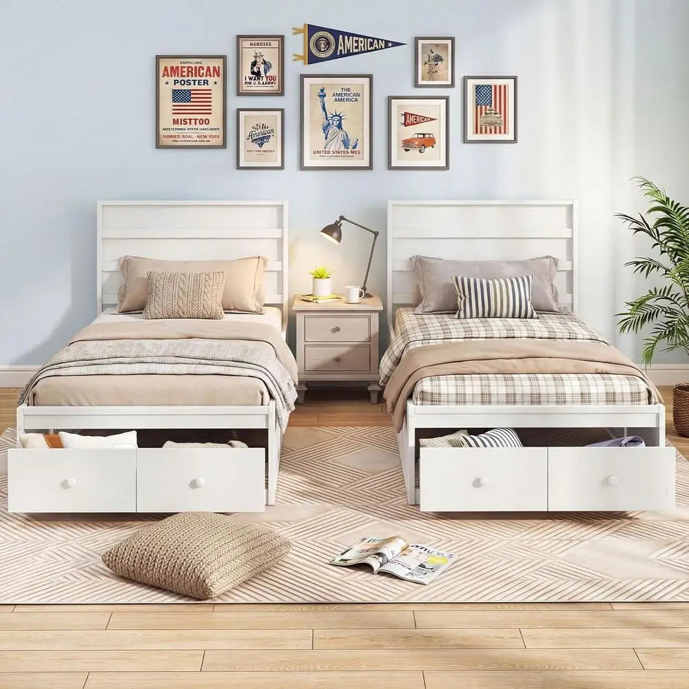 White Twin Bed with Storage Drawers, Wooden Platform Design, Solid Mattress Support and Enclosed Base, No Box Spring Required