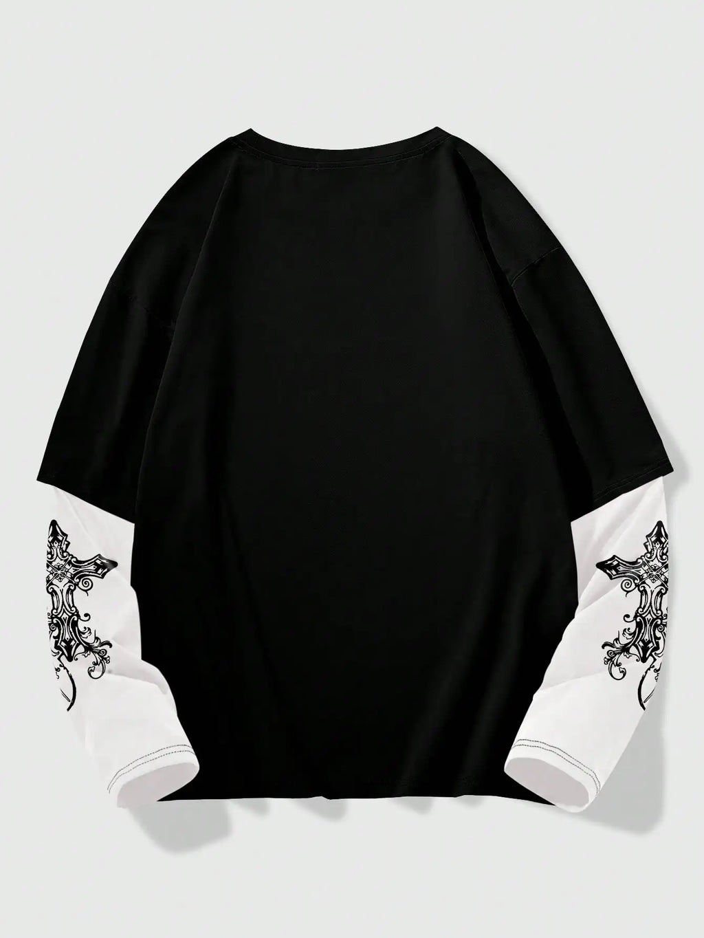 Men's Gothic Style 2-in-1 Layered T-Shirt with Cross Wing Graphic for Halloween Casual Wear
