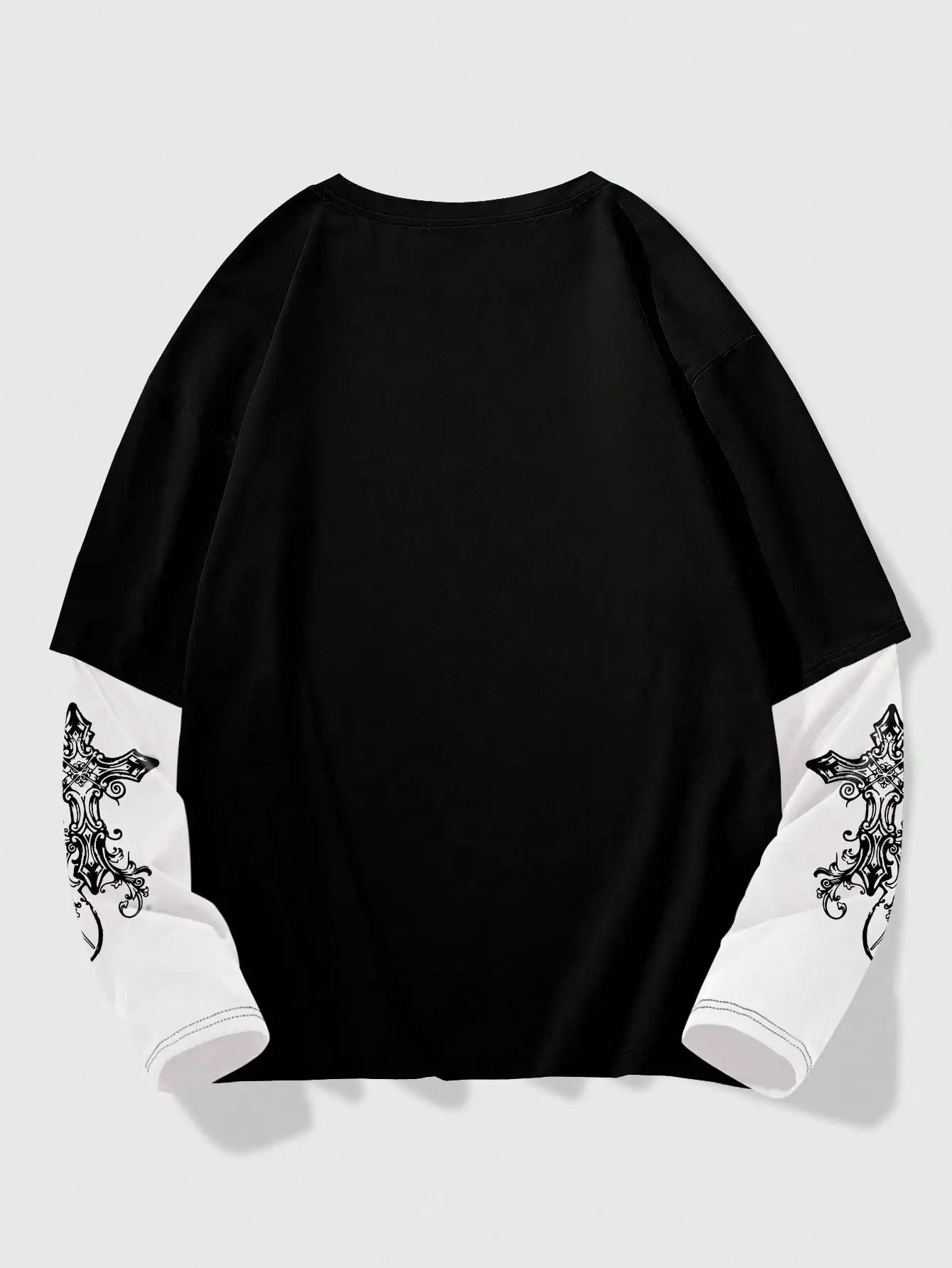 Men's Gothic Style 2-in-1 Layered T-Shirt with Cross Wing Graphic for Halloween Casual Wear