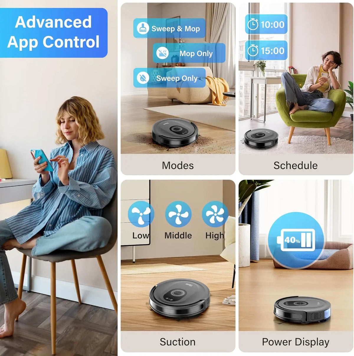 Robot Vacuum and Mop Combo, 5000Pa Suction, 150 Min Runtime, App Control for Hard Floors and Carpets