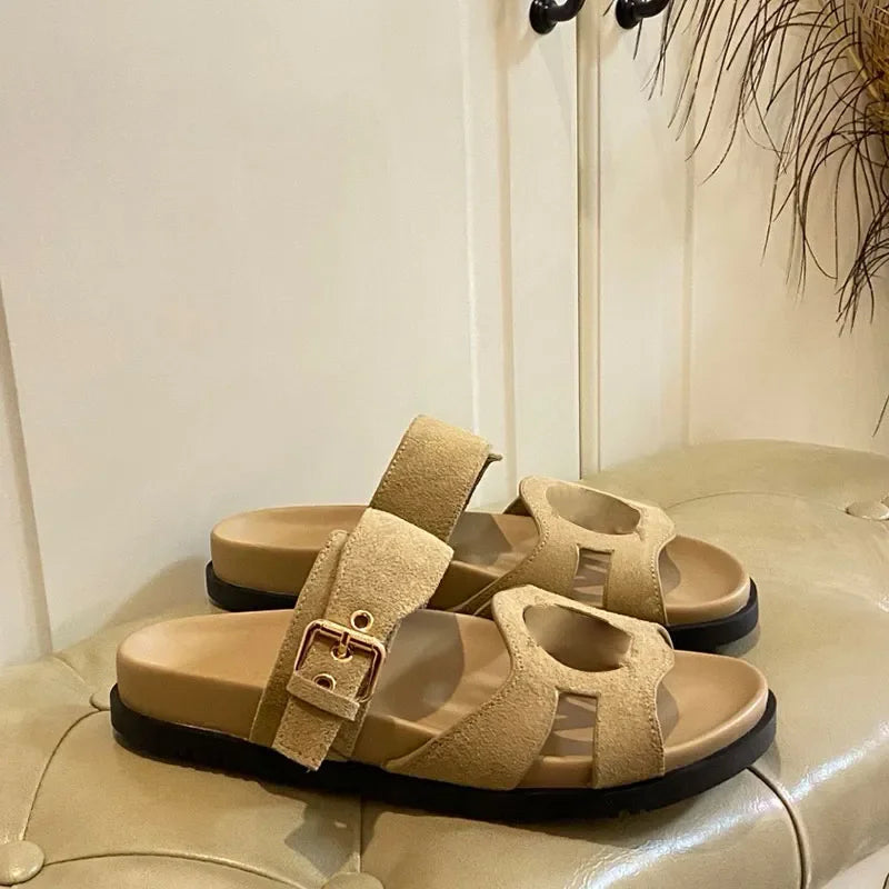 Ladies Velvety Suede Baby Goat Leather Sandals Designer Isola Line sandals Adjustable Buckle Strap Rubber Outsole Size 35 42