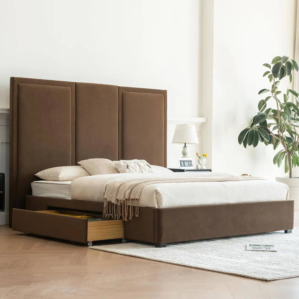 King Size Upholstered Platform Bed Frame with 64-inch High Headboard Storage Drawers Wood Slat Support No Noise Customized