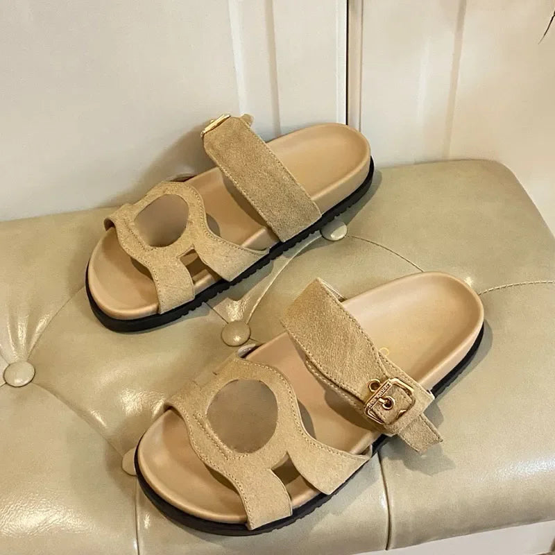 Ladies Velvety Suede Baby Goat Leather Sandals Designer Isola Line sandals Adjustable Buckle Strap Rubber Outsole Size 35 42