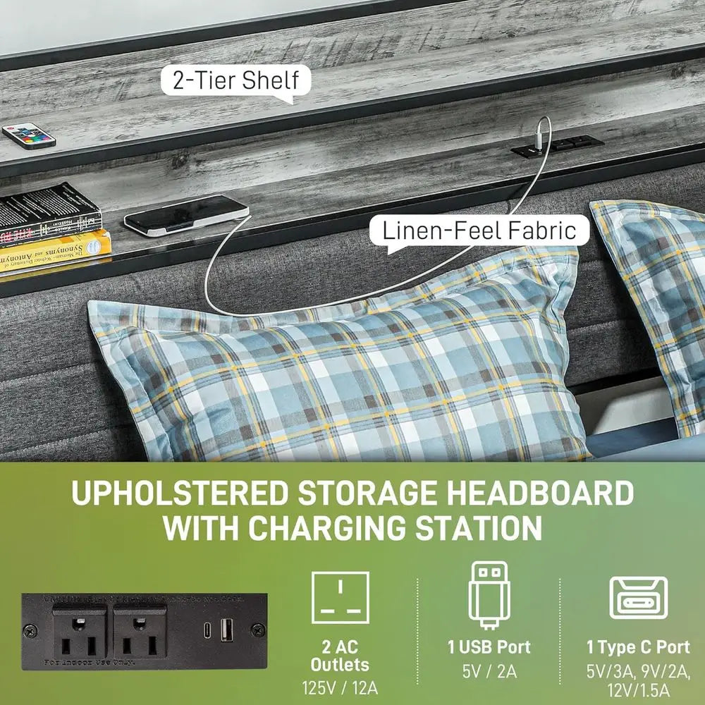 Full Size Bed with Storage, Upholstered Platform, LED Lights, Charging Station, Steel Slats, Noise-Free, Easy Assembly, No Box S
