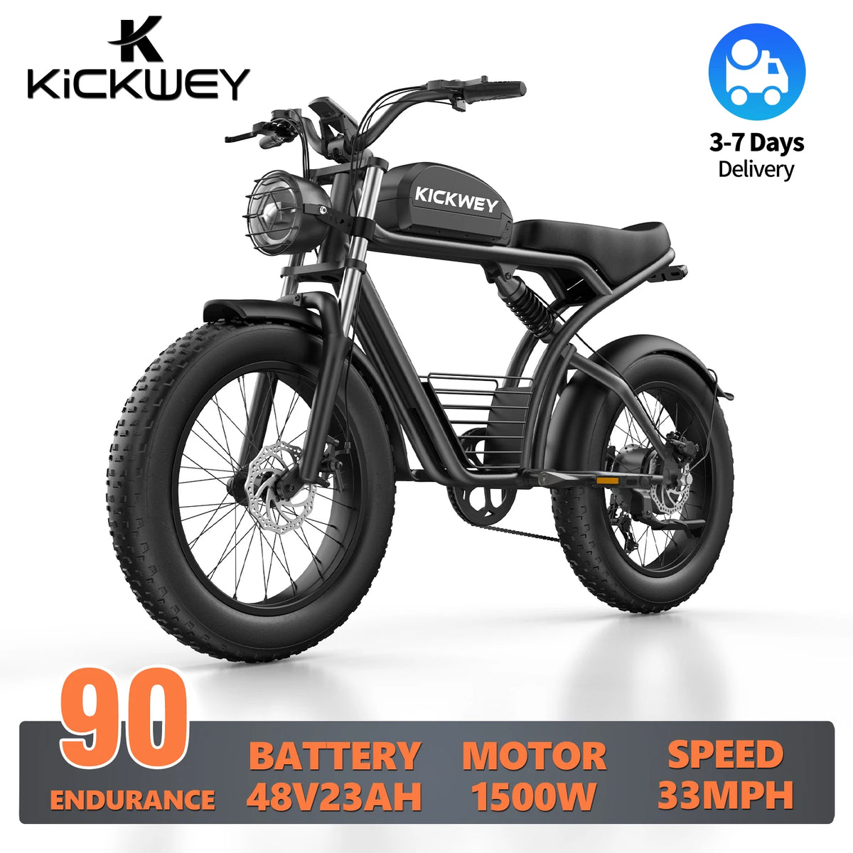 Kickwey K7 Adult Off-Road Ebike 1500W 7-Speed Electric Mountain Bicycle 48V 23Ah 20"X4" Fat Tire Electric Dirt Bike