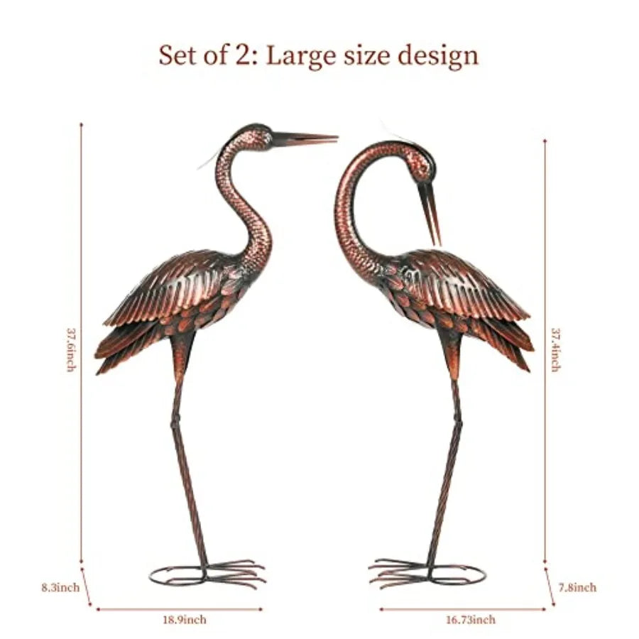 Large Size Vintage Brass Heron Garden Sculptures Statues Metal Yard Art Standing Outdoor Decorations 37 Inch Set of 2