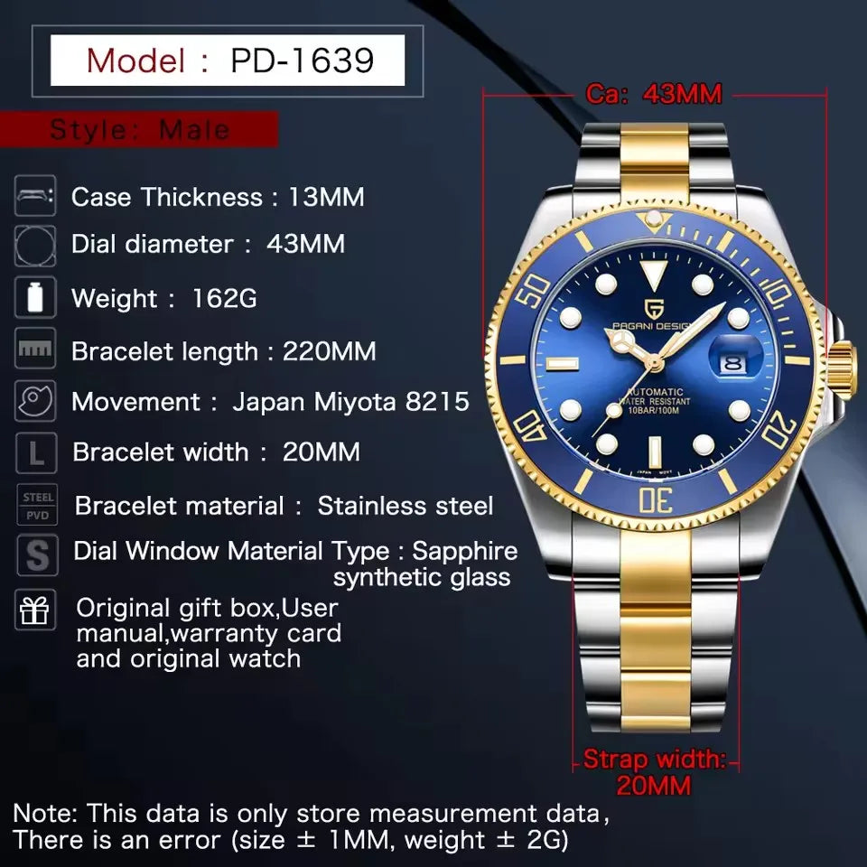 PAGANI DESIGN 2025 New Men Watches Top Luxury Gold Automatic Mechanical Wrist Watch Men Stainless Steel Waterproof Watch for men