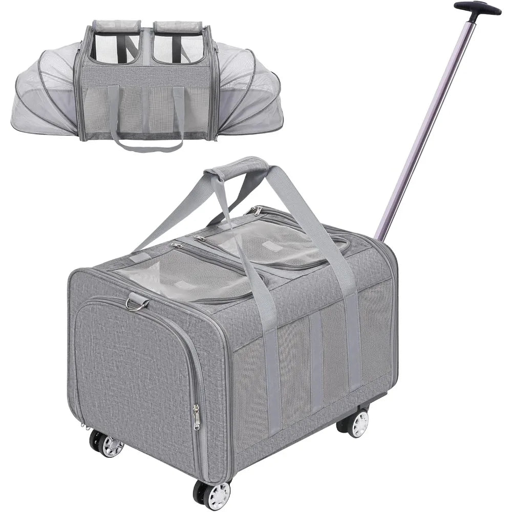 Expandable Pet Carrier with Wheels, Double Cat Dog Carrier 21x 17x 16 up to 40 Lbs, Rolling Pet Carrier for Cats and Dogs, Extra