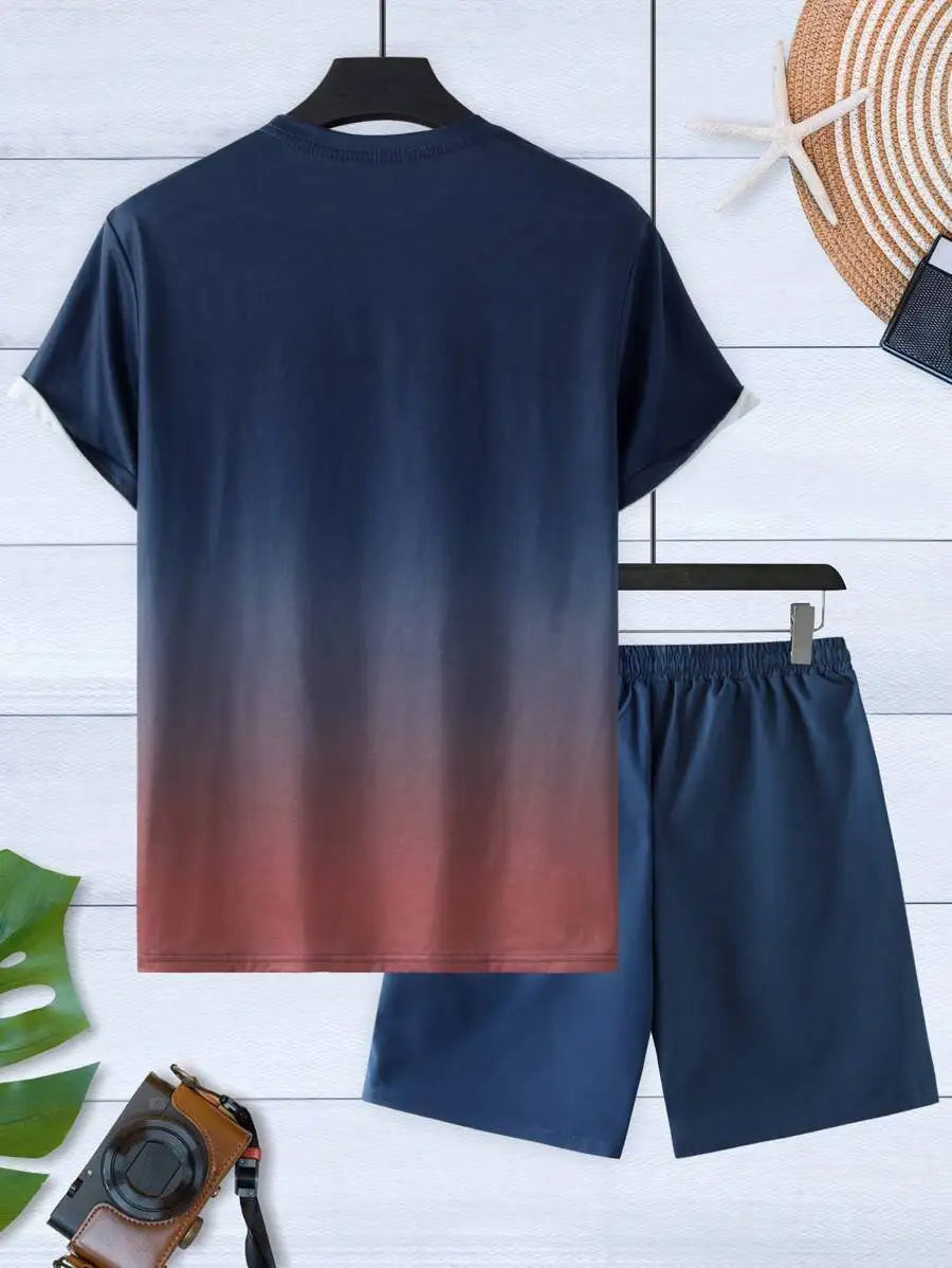 Men's Gradient Ombre T-Shirt and Shorts Set, Casual Loose Fit Beachwear
