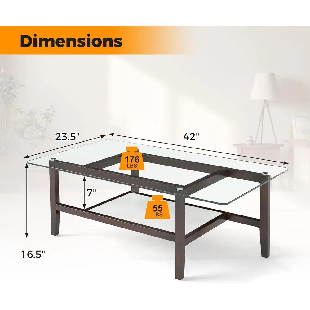 42 Two-Tier Rectangular Coffee Table with Storage Shelf and Solid Rubberwood Legs for Living Room or Home Office (Brown)