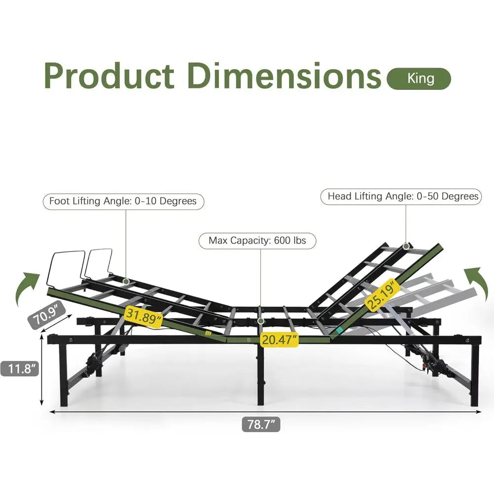 King Size Electric Adjustable Bed Base with Foot Incline, Low-Noise Motor, and Remote Control