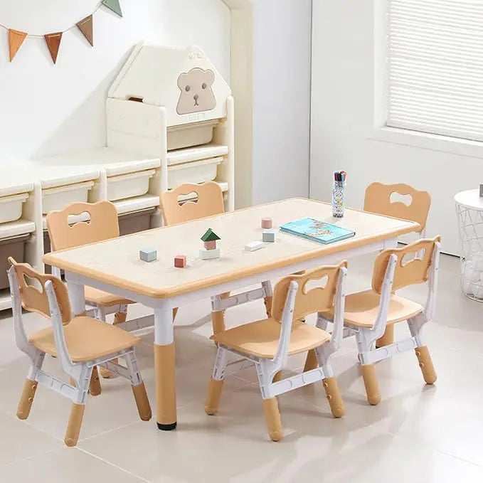 Kids Table and Chairs Set, Height Adjustable Desk with 6 Seats for Ages 2-10,Graffiti Desktop for Classrooms,Daycares,Home