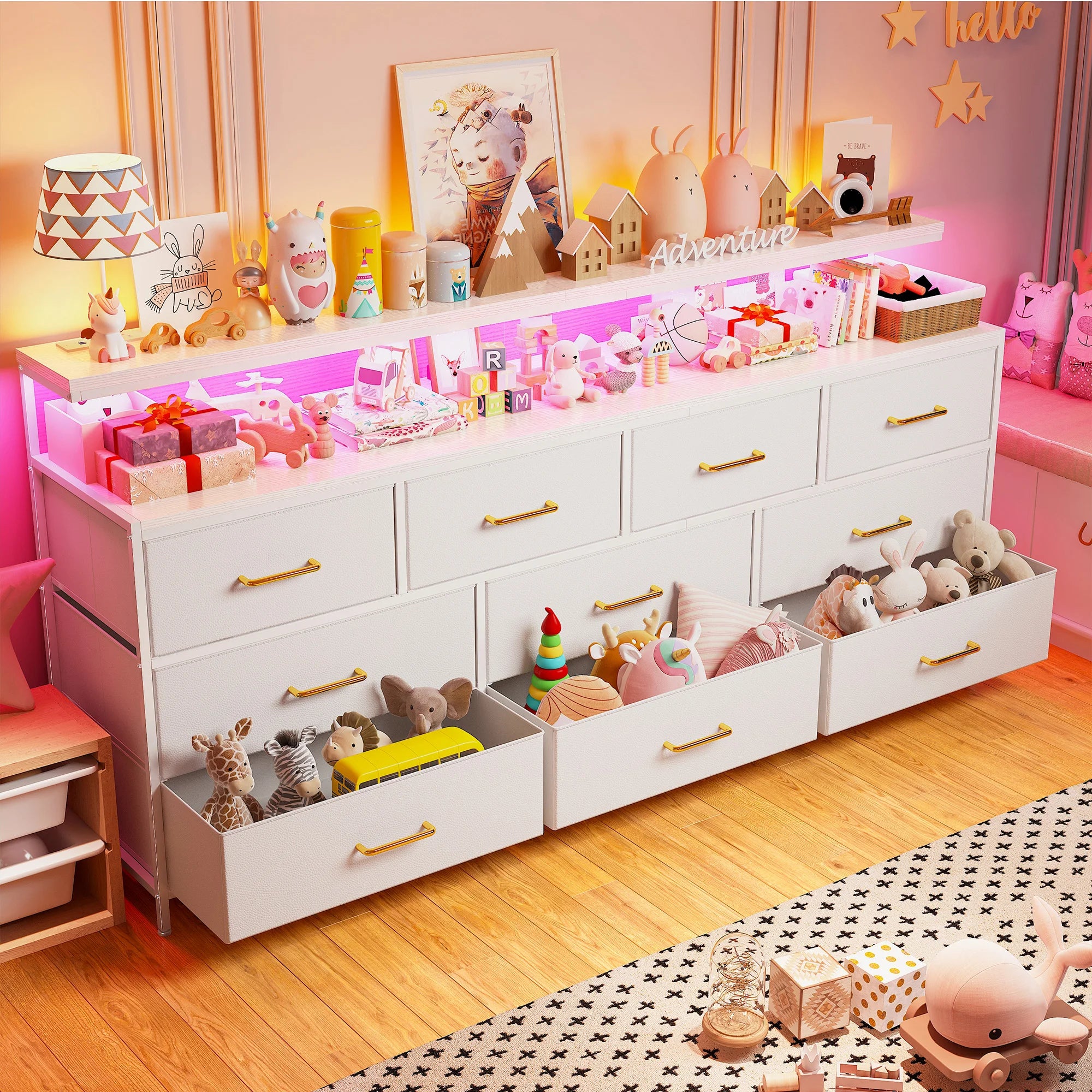 55" Wide Smart Dresser with LED Lights & Power Outlets – 10 Fabric-Drawer Storage & Metal Frame for Bedroom Organization
