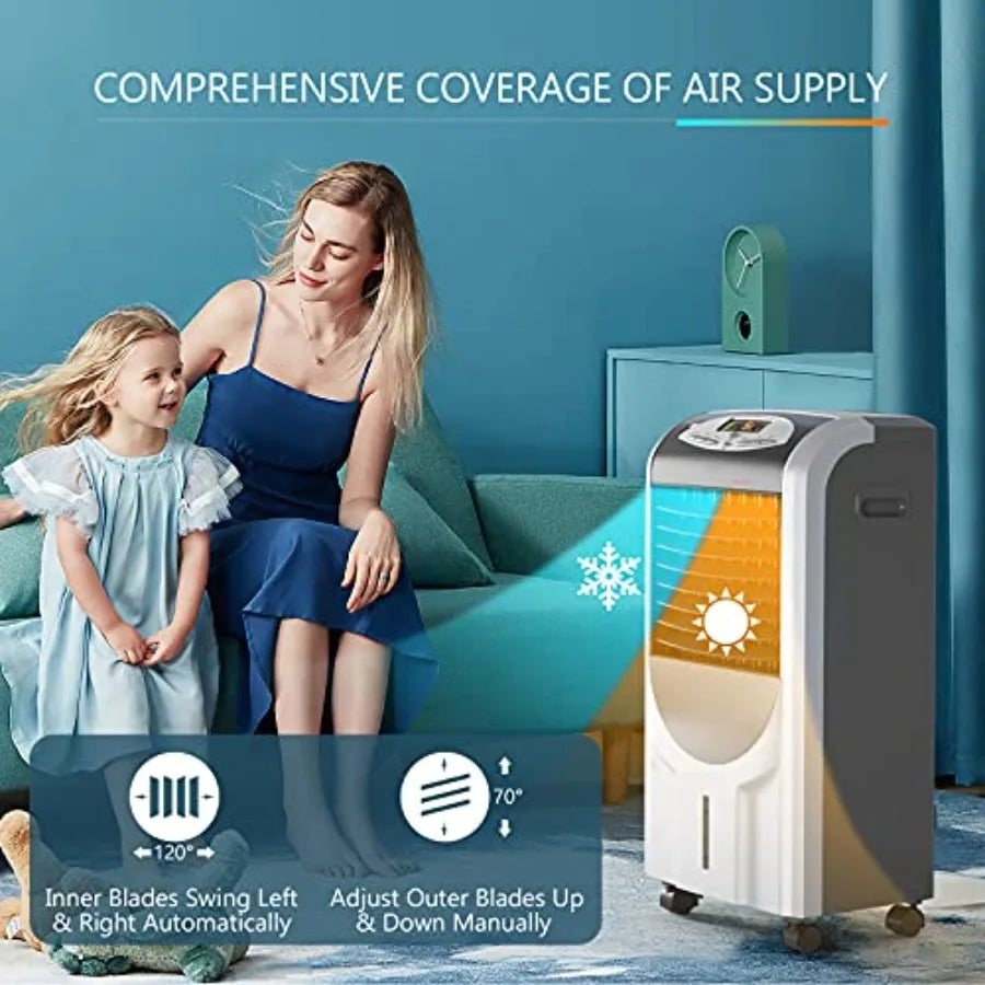 Portable Evaporative Air Cooler and Heater with Ice Crystal Box for Indoor Home Office Dorms Humidifier Fan with Remote Control