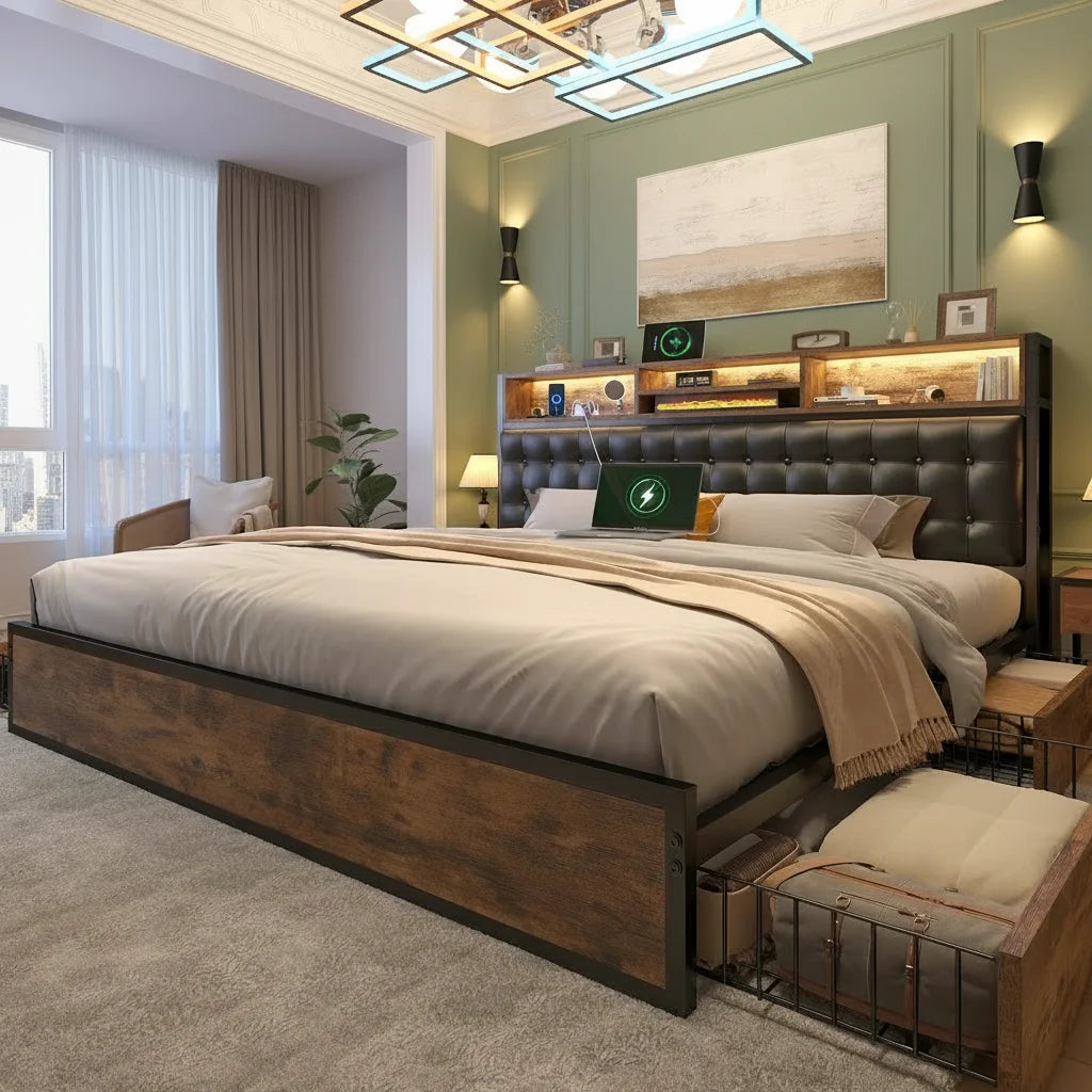 Upholstered LED Bed Frame with 4 Storage Drawers & Charging Station Platform Bed Frame with Storage Headboard No Noise