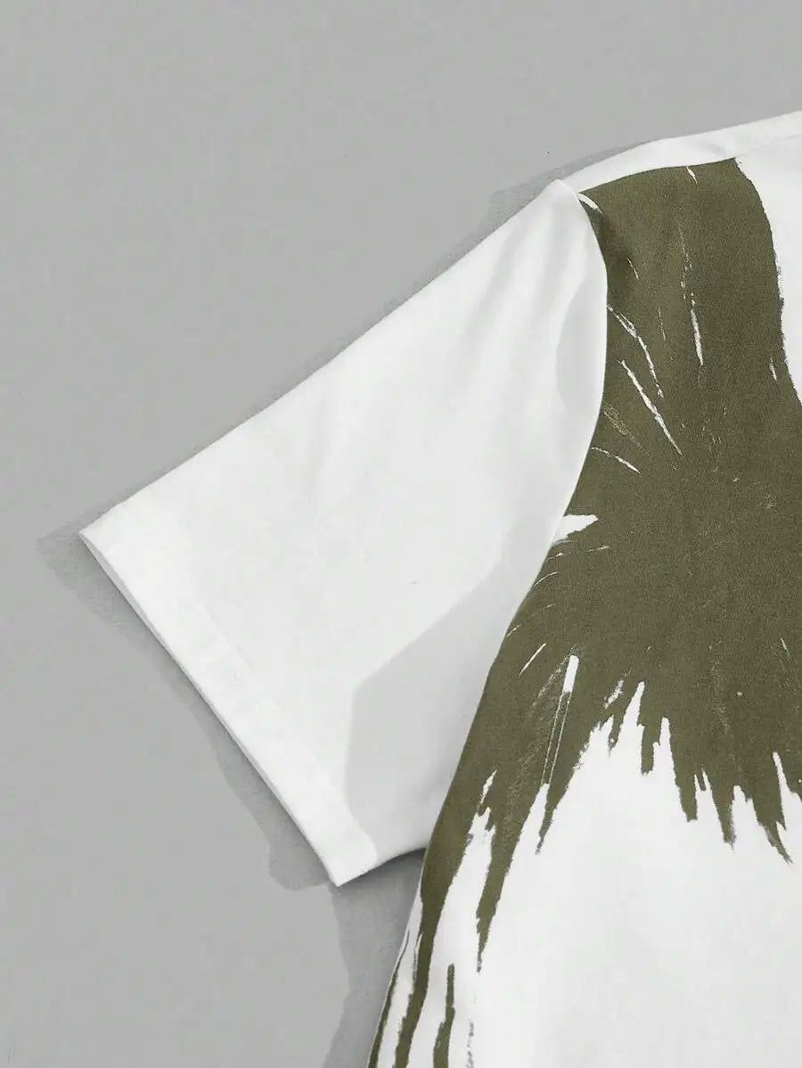 Men's 2-Piece Casual Set: White Short Sleeve Tee with Bird Graphic + Olive Drawstring Joggers
