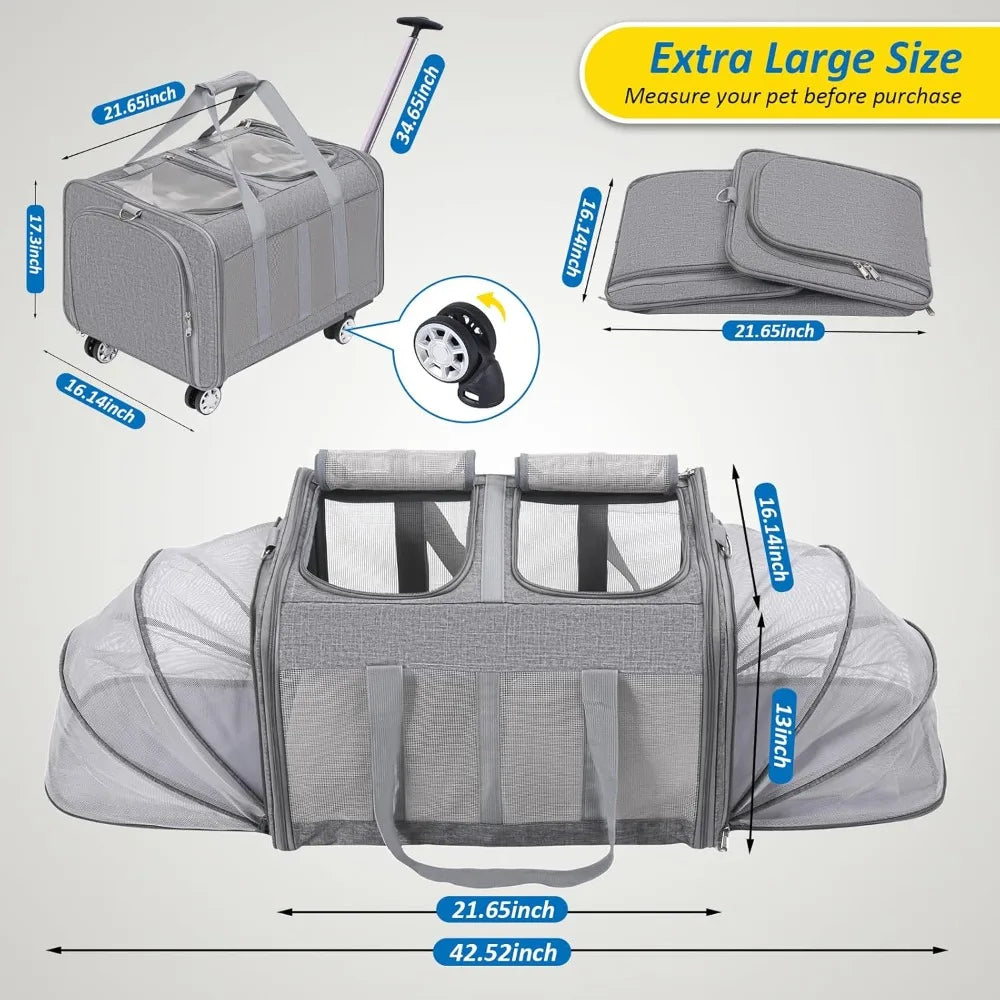 Expandable Pet Carrier with Wheels, Double Cat Dog Carrier 21x 17x 16 up to 40 Lbs, Rolling Pet Carrier for Cats and Dogs, Extra
