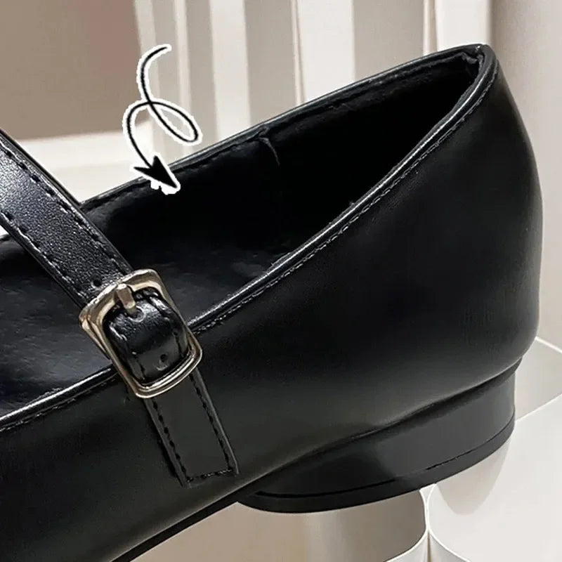 2024 Womens Fashion Pointed Lace Buckle Shoes Almond Vintage Kawaii Solid Womens Shoes Flat Bottom Casual Shallow Mouth Mary Sli