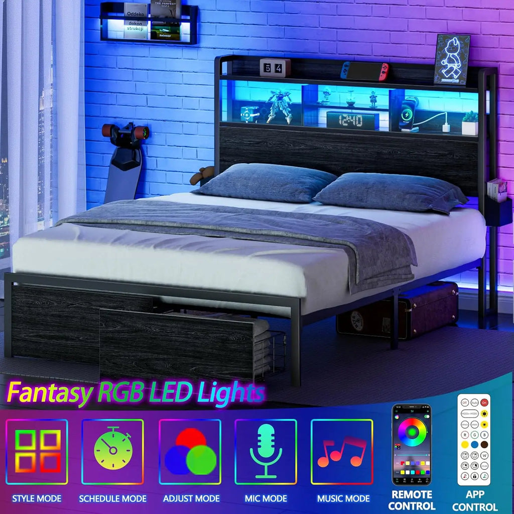 Frame with Wood Headboard and Storage Shelf, Metal Platform Bed Frame with Storage Drawers, Customized